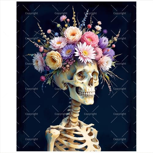 Skeleton Paint by Numbers Kit for Adults - DIY Skeleton with Floral Crown Painting on Canvas 16x20 inches, Frameless Acrylic Paint Set, Suitable for Beginners, Art for Home Decoration or Gifts