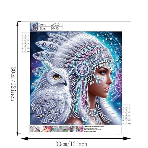 KUFWKEY Native Woman DIY 5D Partial Diamond Painting Kit for Beginners, Owl Diamond Art Kits for Adults,Special Shaped Crystal Sparkling Diamond Art, Frameless Diamond Mosaic Gem Art,12X12 inch - color: LW010