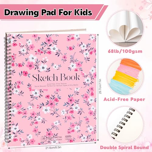 4 Pack Sketch Book for Kids, 8.5 × 11 in, Spiral Bound, 30 Sheets Each | 100gsm Acid-Free Paper, Hardcover with Backboard, Lay-Flat Top Spiral, Ideal for Graphite, Crayon, Charcoal & Colored Pencil - color: Artistic Floral, size: 8.5×11 Inch (4 pack)