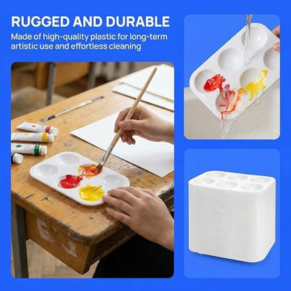 Cedilis 100 Pack White Art Paint Tray Palette, Rectangular Plastic Paint Tray for Kids, Adult, Student Watercolor Craft DIY Art Painting, 6 Wells, Easy to Clean
