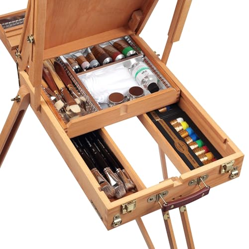 Grand Luxe Full Box French Easel- Oiled Beechwood Artist Easel with Brass Fittings, Adjustable Dividers, and Wood Palette- Plein Air Easel w/Leather Handle and Linen Strap for Canvases up to 34" High - size: Full Box
