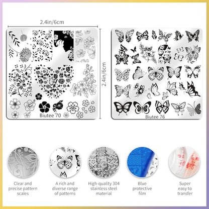 Biutee 16PCS Nail Stamping Plates Nail Stamping Kit with Nail Art Stamper | Nail Stamper Kit with Scraper & Storage Bag, Nail Art Stamping Plates Butterfly Flower Leaf Bowknot Design for DIY Nail Art - color: 20 Piece Set