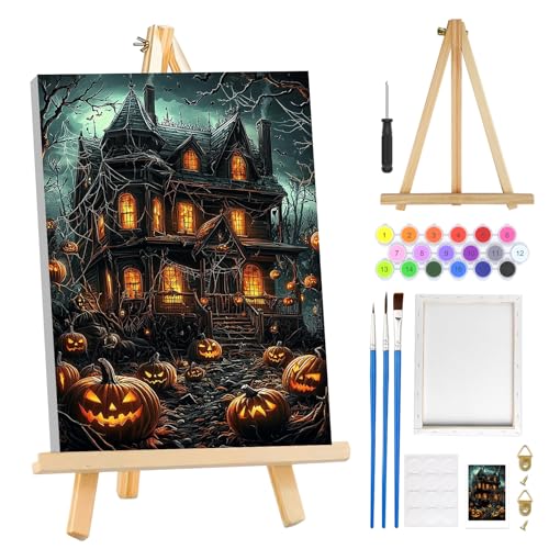 MOGTAA Halloween Paint by Numbers Kit for Adults Beginners with Frame, Pumpkin Castle Adult Paint by Number Kits on Canvas with Easel, Easy DIY Oil Painting Kits for Home Decor, 8x12in - color: Halloween