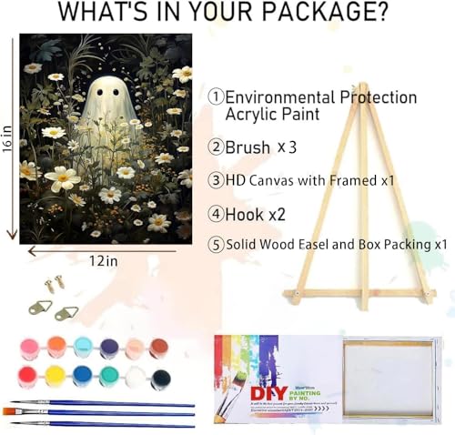 Halloween Paint by Numbers for Adults with Framed Canvas-with Wooden Easel,Ghost Paint by Number on Canvas,DIY Acrylic Oil Painting Kits with Brushes Nice Gift Box for Home Wall Decor(12x16 Inch) - color: DKMT0913