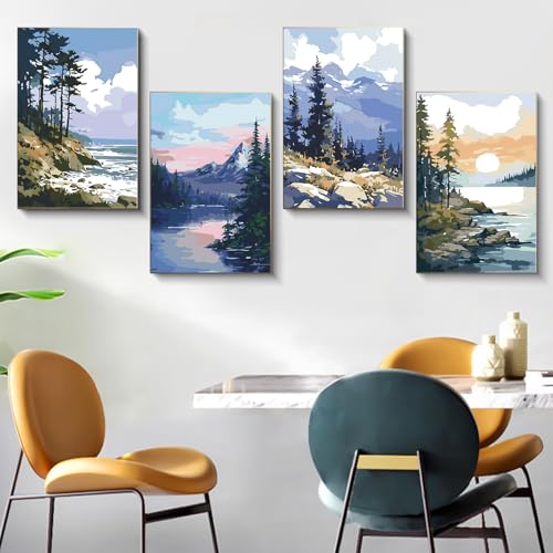 4 Pack Framed Paint by Numbers Kit for Adults Landscape with Wooden Easel - color: FOP4P-01