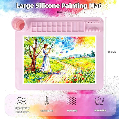 Silicone Painting Mat, 20"X16" Craft Mat,Large Art Mat Clay Mats | Paintbrush Holder, Nonslip Color Dividers Silicone Mats with Built in Cup for Painting, Table, Resin and DIY Pink - color: Pink