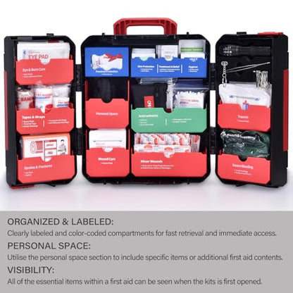 Hard Case First Aid Kit 408 Pcs - Wall Mountable Trauma Kit for Car, Home, Office & Truck - Comprehensive Large First Aid Supplies with Color-Coded Labelled Compartments - color: Red & Black