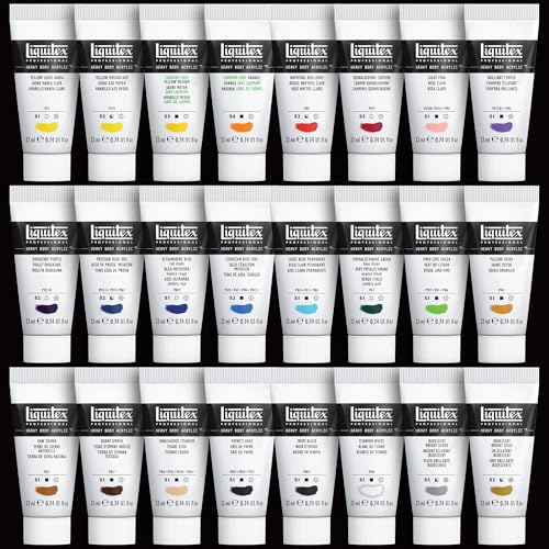Liquitex Heavy Body Acrylic Paint Set, 24 x 22ml, Essentials Set | High Viscosity, Pigment Rich, Ideal for Impasto & Texture, Satin Finish, Permanent Color, Crisp Brush Strokes & Knife Marks - size: 1 Count (Pack of 1), style: Essentials Set 24 x 22 (0.74