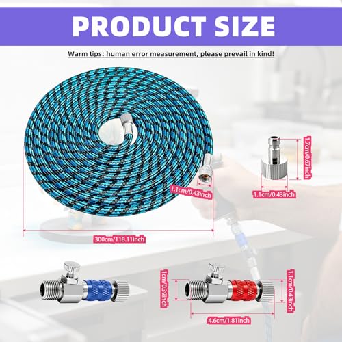 DEELEDM 1/8" Airbrush Quick Connect with 10ft Hose & 4 Male Connectors | Adjustable pressure hose adapter, blue spray hose, quick release design for airbrushing, model painting & DIY crafts