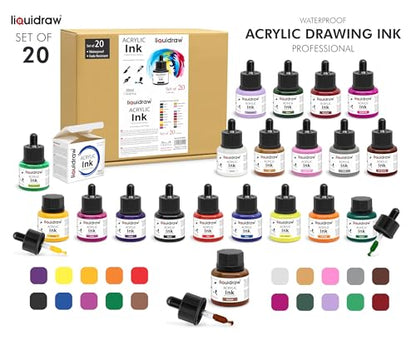 Liquidraw Acrylic Drawing Ink - 20 Assorted Colours | 35 ml Bottles with Ink Dropper | Suitable for Painting, Art Drawing & Design | for Professionals, Artists, Students & Hobbyists | Waterproof - style: Set of 20 (Assorted Colours)