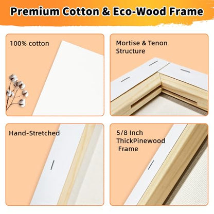 24-Pack Stretched Canvas 8 Sizes 100% Cotton for Acrylic Oil Mixed Media | 100% cotton with natural cottonseed husk, 5/8" deep profile, triple-gesso acid-free white canvas - size: 12"x16", 11"x14", 9"x12", 8"x10", 8"x6", 4"x6"