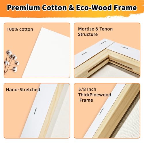 24-Pack Stretched Canvas 8 Sizes 100% Cotton for Acrylic Oil Mixed Media | 100% cotton with natural cottonseed husk, 5/8" deep profile, triple-gesso acid-free white canvas - size: 12"x16", 11"x14", 9"x12", 8"x10", 8"x6", 4"x6"
