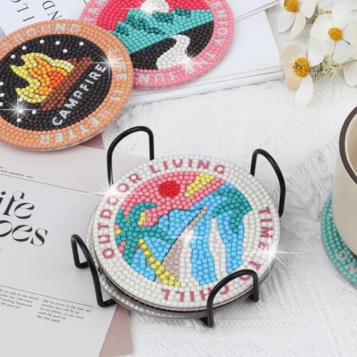 Temlum 6pcs Diamond Art Coasters Kits for Adults with Holder, Camping - color: Outdoor Coasters With Holder
