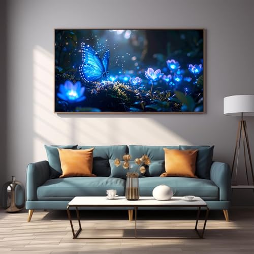 DDGEMART 5D Diamond Painting Kit for Adults, Full Drill Blue Butterfly Magic Forest Neon Floral Art for Beginners, Large Horizontal 28x16 inch - color: Blue Butterfly