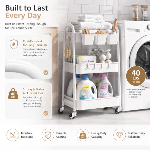 3 Tier Rolling Cart Metal with Wheels, Heavy Duty White Three Tiered Craft Cart Organizer on Wheels, Utility Roller Storage Carts for Art, Baby Nursery, Diaper Caddy, Snack,Book,Nail,Cleaning Supplies - color: Pure White