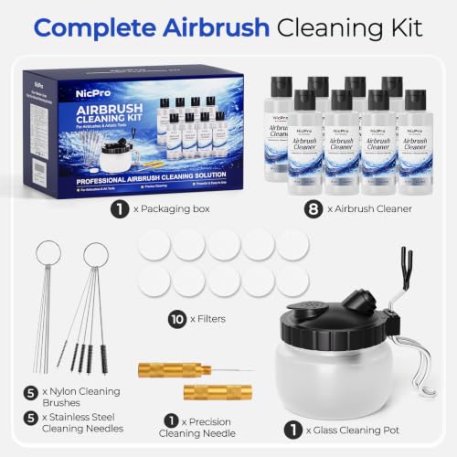 Nicpro Airbrush Cleaning Kit, 8 x 4 fl oz Airbrush Cleaner | with Glass Cleaning Pot, Easily Cleans Water-Based & Acrylic Paints for Airbrushes and Artistic Tools - size: 32 fl oz