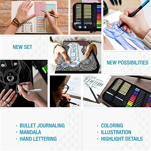 NIL - TECH Professional Artist Drawing Pens Set (36 Pcs) - 16 Dual Brush Markers, 10 Archival Fineliners, 3 Calligraphy Pens, White Gel Pen & Sketchbook - Waterproof Ink for Sketching & Lettering