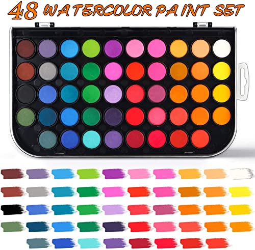 Watercolor Paint Set, 48 Colors Non-Toxic Watercolor Paint with a Brush, Refillable Water Brush Pen and Palette, Washable Water Color Paints Sets for Kids, Adults, and Artists - color: Black box