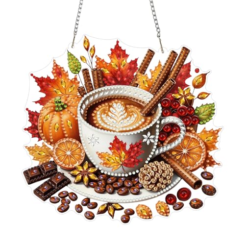 CEOVR Fall Hanging Diamond Art for Adults, Coffee Diamond Painting Pendant, DIY Special Shape Gem Art Window Ornament, Acrylic Home Wall Decor with Chain, Box Kit 7.87×7.28inch - color: 13-Coffee