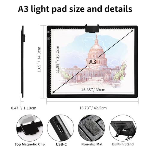 Rechargeable A3 Light Pad for Diamond Painting with Padded Case,Light Board with Stand,3 Colors Stepless Dimmable and 6 Levels of Brightness Light Box for tracing,Drawing,Sketching,Animation