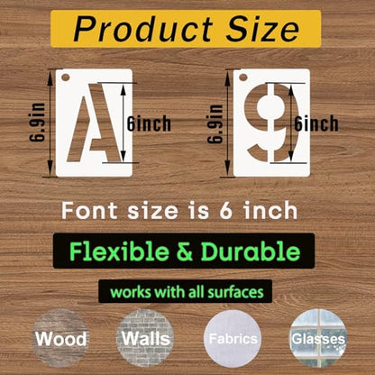 6 Inch Letter and Number Stencils, 68 Pcs Reusable Plastic Alphabet Spray Paint Stencils for Painting on Wood, Wall, Fabric, Rock, Signage, Door Porch, DIY Art Projects - size: 6 Inch
