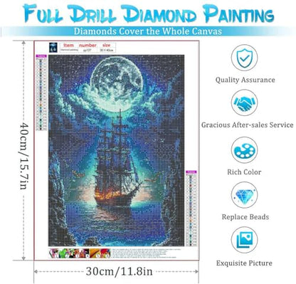 NEGHER 5D Landscape Diamond Painting Kits for Adults Beginner, DIY Steamship Moon, Full Round Drill Religious Gem Art Kits, Home Wall Decor 12x16 inch | 5D DIY Diamond Art Steamship Moon, Full Round Drill Religious Gem Art Kits, Home Wall Decor Landscape