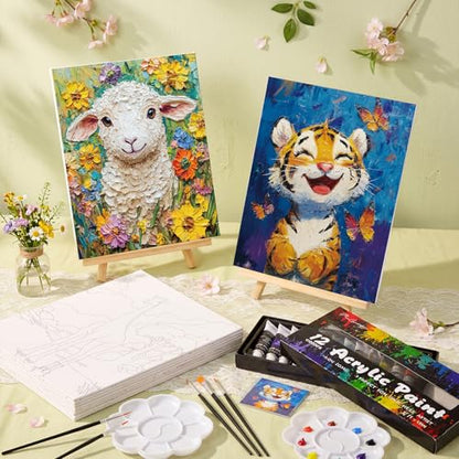 Ctosree 72 Pcs Nature Animals Paint and Sip Kit for Adults 8'' x 10'' Pre Drawn Canvas for Painting DIY Pre Printed Canvas for Party Favor Acrylic Painting Kit Wood Easel Brushes Date Night Bulk - style: Nature Animals