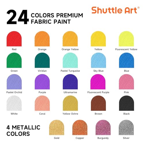 Shuttle Art Fabric Paint 24 Colors Permanent Soft Fabric Paint in Bottles (60ml/2oz) with Brushes &Stencils, Non-Toxic Textile Paint for T-Shirts, Shoes, Jeans, Bags, DIY Projects & Crafts - color: Regular, size: 2 Fl Oz (Pack of 24)