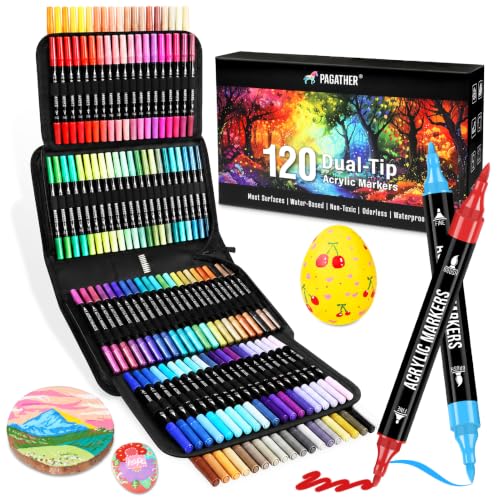 Pagather Acrylic Paint Markers, 120 Colors Dual Tip Fine & Brush Pens Set - color: 120 Colors