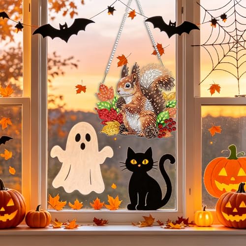 CEOVR Squirrel Hanging Diamond Art for Adults, Fall Maple Leaf Diamond Painting Pendant, DIY Special Shape Gem Art Window Ornament, Acrylic Home Wall Decor with Chain, Box Kit 7.87×7.24inch - color: 2-Squirrel