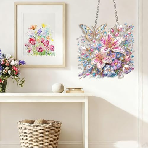 LPDJITO DIY Hanging Lily Flower Diamond Art Pendant Kit Flowers Butterflies, Special Crystal Diamonds Painting Ornament for Adults, 5D Diamond Art Suncatchers Double Sided Board Gem Painting Kit - color: Color-11