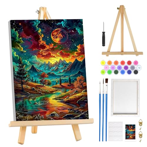 MOGTAA Starry Night Paint by Numbers Kit for Adults with Frame, Mountains Paint by Number Canvas, Landscape Paint by Numbers with Easel, DIY Oil Painting Kit for Home Wall Decor 8 x 12 Inch - color: Starry Night