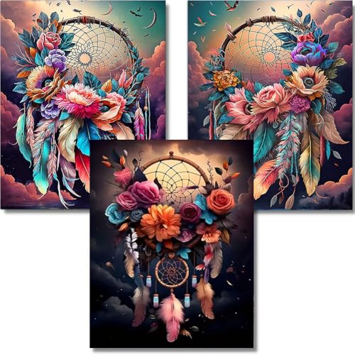 OFRKE Diamond Painting Kits for Adults, 3 Pack Colorful Dream Catcher DIY 5D Diamond Art Kits for Beginners Full Round Drill Diamond Crystal Craft Kits for Home Wall Art Decor Gifts 12x16 inch - color: 3pcs-Dream Catcher