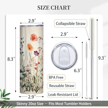 Firmiso 20 oz Tumbler | Skinny Insulated Travel Mug with Leak-proof Lid and Telescopic Straw | Wildflower Floral Stainless Steel Coffee Cup for Hot & Cold Drinks | Christmas Gifts for Women - color: Wildflower