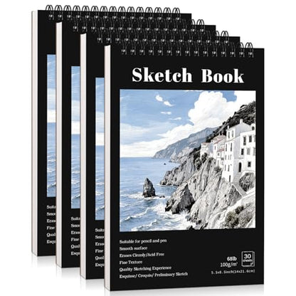 4 Pack Small Sketch Books 5.5 × 8.5 in, Spiral Bound, Black | 100gsm Acid-Free Paper, 30 Sheets Each, Dry Media Friendly, Hardcover Backing, Travel & Classroom Use - color: Black, size: 5.5 × 8.5Inch（4 Pack）