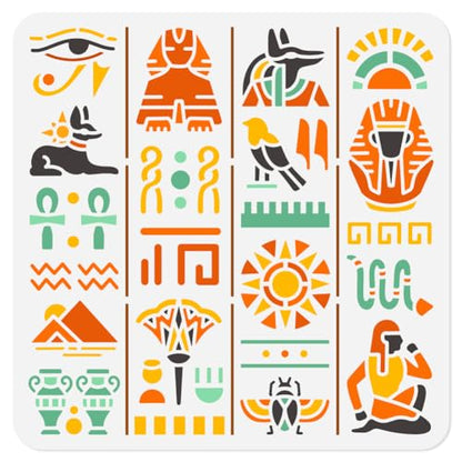 11.8"x11.8" Egyptian Wall Stencil Templates, Egyptian Hieroglyphs Reusable Plastic Stencils for Painting on Wood Floor Tile Fabric Glass Furniture Egyptian Writing DIY Home Decor Template - style: Egyptian