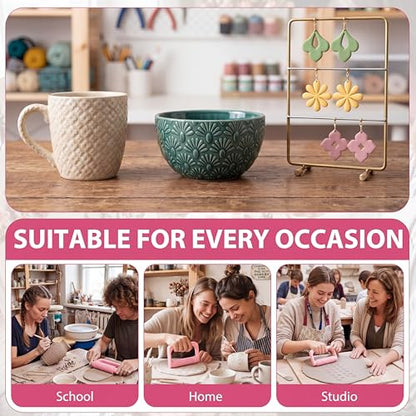 Leriton 9 Pcs Clay Texture Roller Set with Handle, 8-Pattern 3D-Printed Miniature Texture Rollers for Clay, Miniatures, Tabletop, Pottery (Floral) - style: Floral