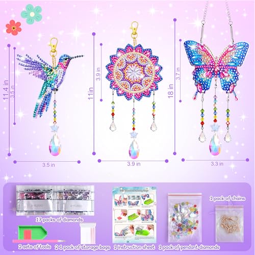 Diamond Art Kits for Kids Ages 8-12, 3 PCS DIY Gem Art Suncatchers for Kids - color: Blue and Pink