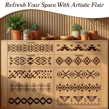 Aztec Stencils, 16Pcs Reusable Boho Border Templates, Geometric Templates for Painting on Walls, Wood, Furniture & Canvas, Tribal Stencils for Home Decor, 11.8" x 3"