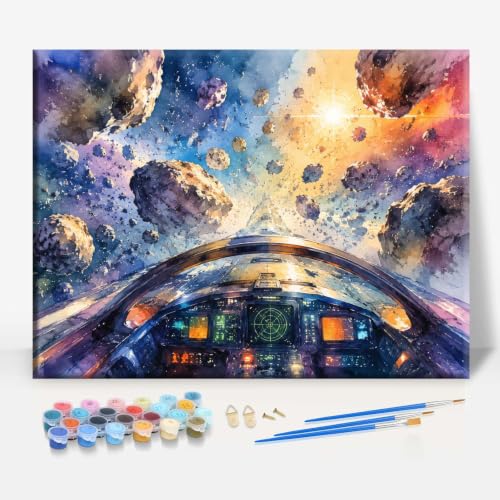 Aeontinity Asteroid Field Spaceship Navigation Space Framed Canvas DIY Paint by Numbers Kit Bar Cafe Cave Home Room Wall Bathroom Porch Patio Decor Gift, 16 x 12 Inch - color: ASTEROID FIELD SPACESHIP NAVIGATION - 16 x 12 Inch