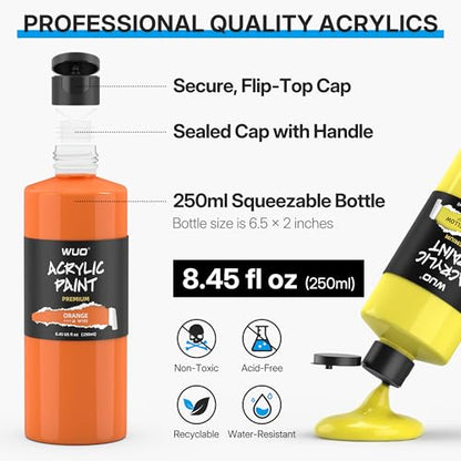 WUO 12 Colors Acrylic Paint Set, 250ml/8.45oz Bottles Artists Acrylic Paint | Large Bulk Rich Pigment Non-Toxic Waterproof Multi-Surface Painting Supplies for Beginners on Canvas Wood Rock Ceramic Crafts - color: 12 Colors