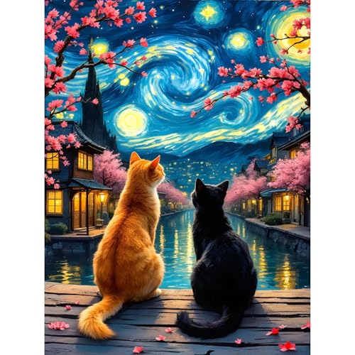 askkqtx Starry Sky Diamond Art Kits for Adults 12x16 Inch | Cats Flowers Diamond Painting Kits for Beginners, DIY 5D Round Full Drill Crystal Rhinestone Dots Gem Art Craft Home Decor - color: G9582
