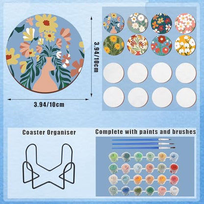 Reallnaive 8 Pcs Flower Paint by Numbers Kit for Adults Floral Coasters | Mini Paint by Numbers, Tiny Round Oil Painting Drink Coaster with Holder, for Small DIY Craft Birthday Gift - style: Flower