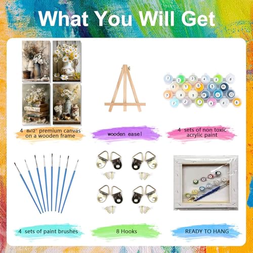 4 Pack Flower Paint by Numbers for Adults with Framed Canvas - Wooden Easel - color: BKH2107+BKH2108+BKH2109+BKH2110