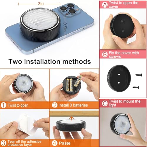 LED Puck Lights with Remote Battery Operated Under Cabinet Lighting Wireless Stick on Lights Color Changing Timer Tap Lights for Cabinets Shelves Closets Display Case - 6Pack Black | 3x1.2in, Wireless, Adhesive Stick on, Push Tap Lights for Cabinet, Kitch