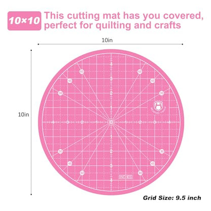 10"x10" Round Rotating Cutting Mat, Self Healing Mat with 360-Degree Rotation & Anti-Slip Base, Sewing Board Cutting Mat Perfect for Fabric Quilting Leather Hobby Project, Pink - color: Pink, size: 10"L x 10"W