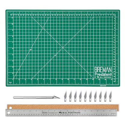 WA Portman Fabric Cutting Mat with Craft Knife & Straight Edge Craft Ruler This set includes 12x18 Inch Sewing Cutting Mat, 10pc #11 Blades, Xacto Craft Knife Set, & 18'' Cork Backed Metal Ruler Set - size: 12x18