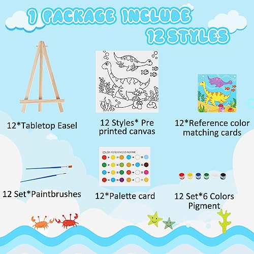 Tenceur 12 Sets Pre Drawn Canvas to Paint Adult Stretched Coloring Painting Canvas Panels with Design Easel and Brushes for Party Supplies Beginner Favor(Cute Style) - style: Cute Style
