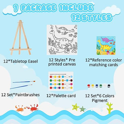 Tenceur 12 Sets Pre Drawn Canvas to Paint Adult Stretched Coloring Painting Canvas Panels with Design Easel and Brushes for Party Supplies Beginner Favor(Cute Style) - style: Cute Style