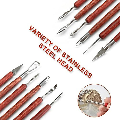 Clay Sculpting Tools, 6 PCS Double-Ended Stainless Steel Polymer Clay Tools, Wooden Handle Pottery Tools for Embossing, Carving Tools and Supplies